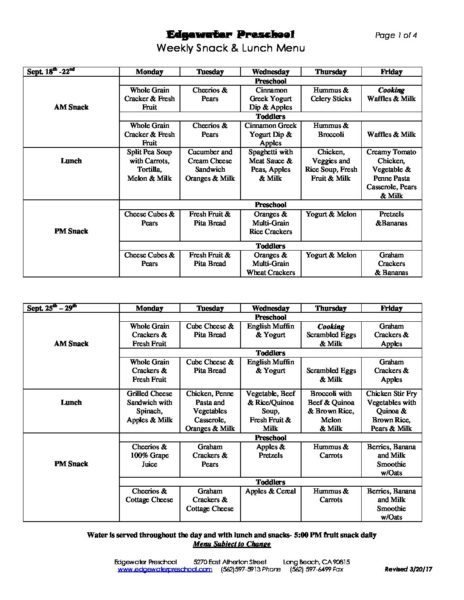 Weekly Snack and Lunch Menu SEPT. 18th- NOV. 10th | Edgewater Preschool ...